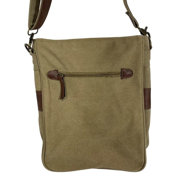 Heavy Khaki Canvas Faux Leather Trim Messenger Satchel Crossbody Bag Pockets EUC - Picture 3 of 12